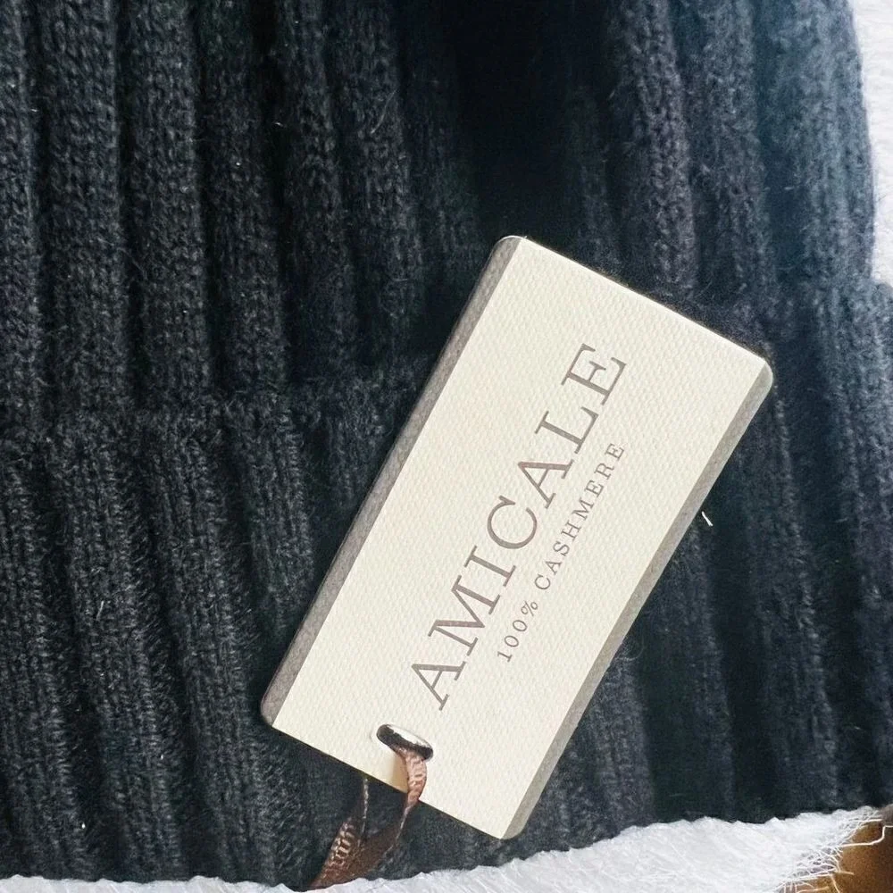 AMICALE Cashmere Genuine Shearling Pompom Beanie Hat, Color: Black, One Size NWT